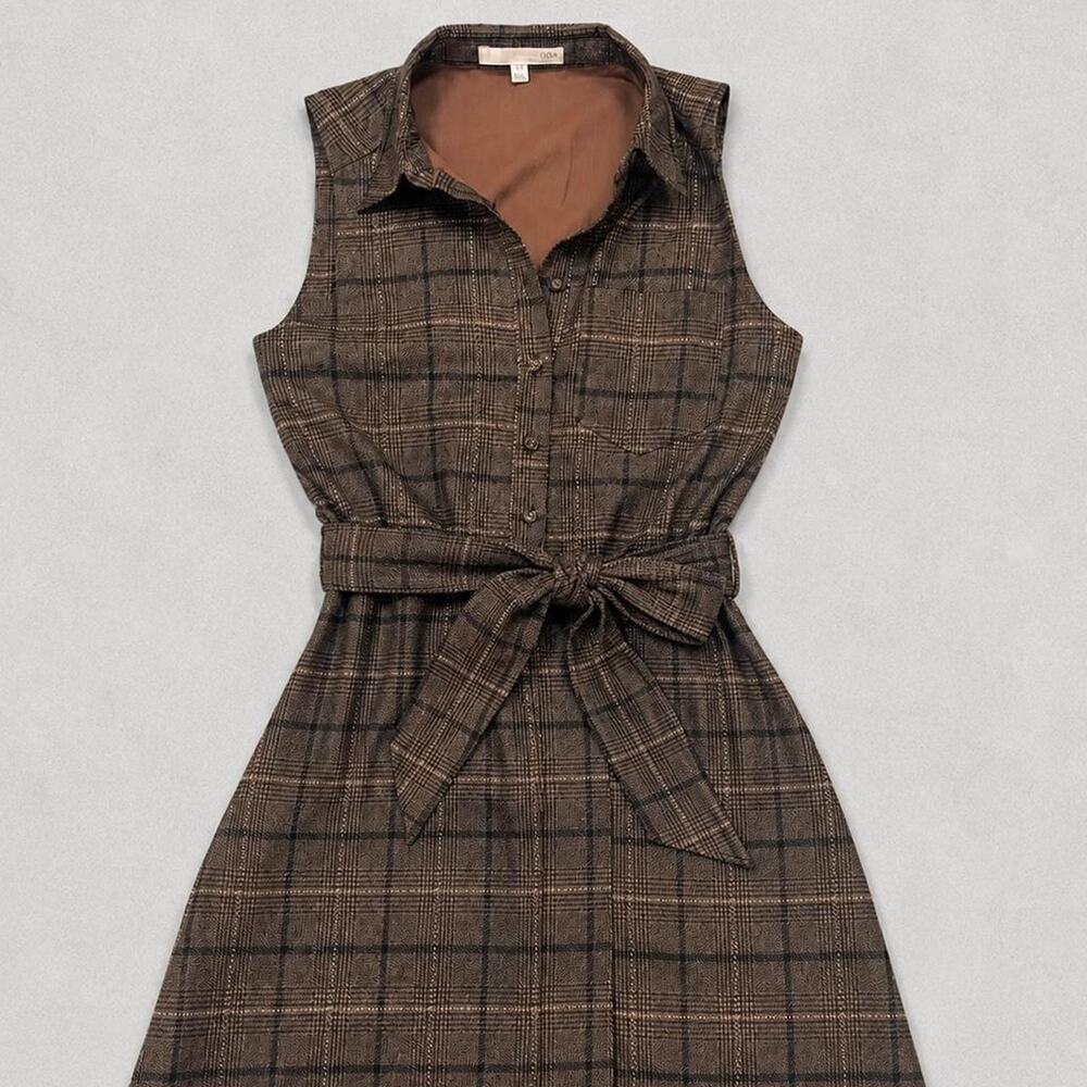 J.O.A. Los Angeles Brown Plaid Fit & Flare Shirt Dress XS - Picture 2 of 6